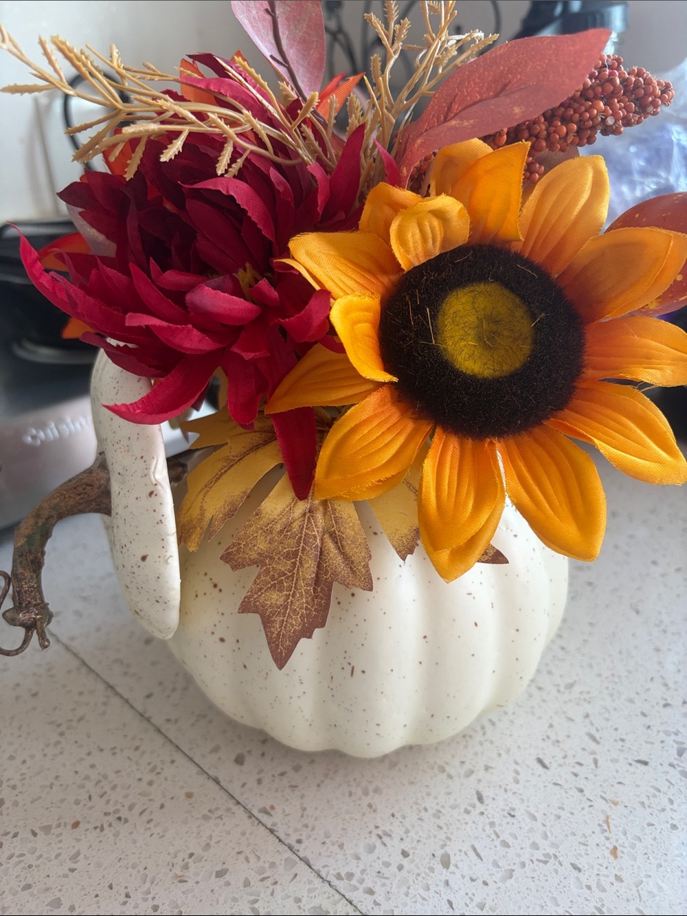 Autumn Harvest White Pumpkin Floral Arrangement with Sunflower New